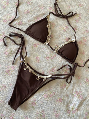 Bikini with real shells brown, new, ribbed material, size S-M