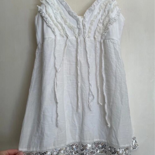 Top Rich new with sequins, fringes and adjustable straps, white and silver, size S
