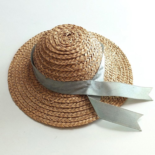 Straw hat for dolls used, miniature with gray satin ribbon