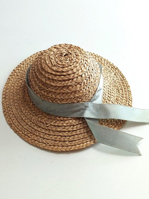 Straw hat for dolls used, miniature with gray satin ribbon
