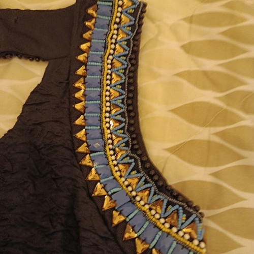 Women's dress black elastic with blue gold beads like new, size L
