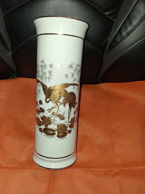 Vintage Limoges porcelain vase with gold details and crane design
