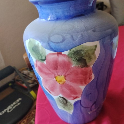Large decorative ceramic majolica vase with colorful hand-painted flowers, Mediterranean style