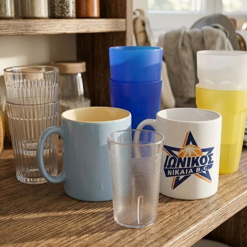 Set of 6 tall plastic glasses and 2 ceramic mugs new