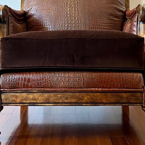 Paul Robert armchair leather and solid wood like new with velvet cushion