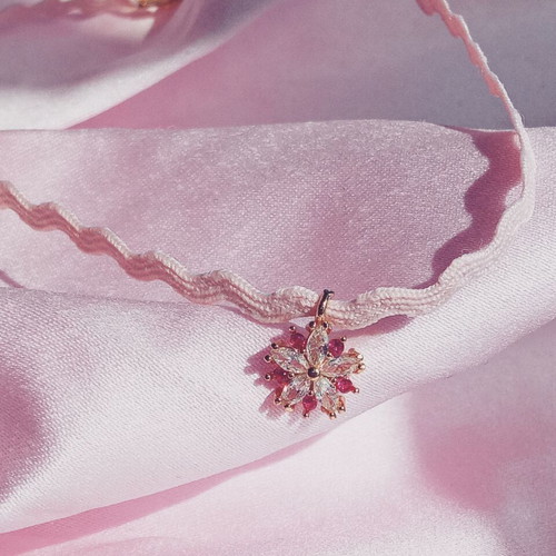 Pink choker with multicolored rhinestone flower charm, new