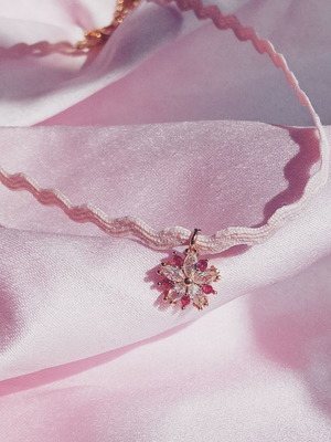 Pink choker with multicolored rhinestone flower charm, new