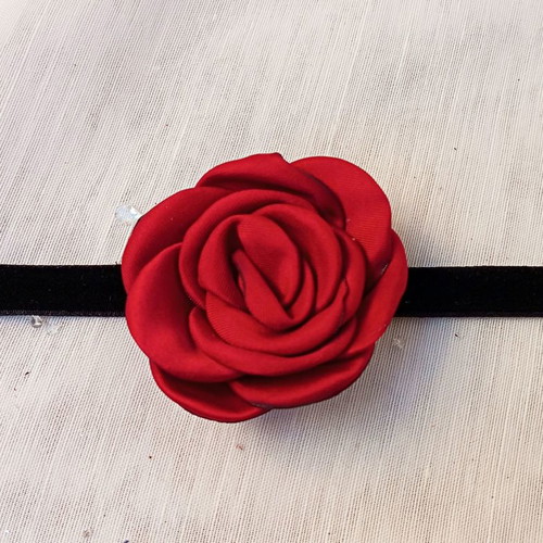 Black velvet choker with large red fabric flower new