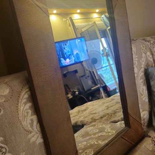 Wooden mirror used with leather decorative details, 51x76 cm