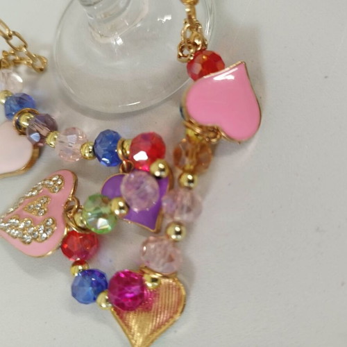 Girly cute necklace with pink enamel hearts and crystals new