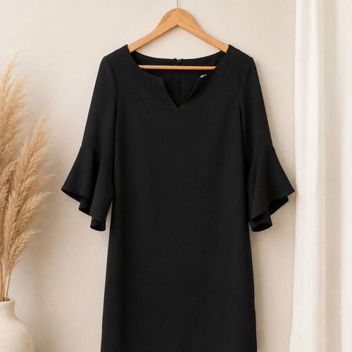 Mini black dress like new, bell sleeves 3/4 with ruffles