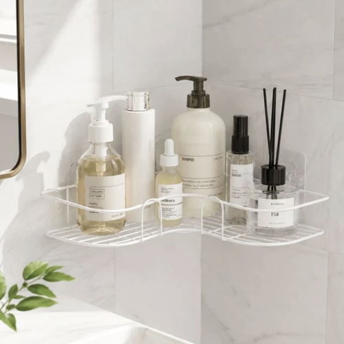 White metal corner bathroom shelf with adhesive hooks 26x26x6 cm