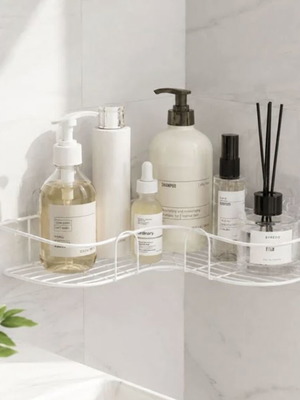 White metal corner bathroom shelf with adhesive hooks 26x26x6 cm