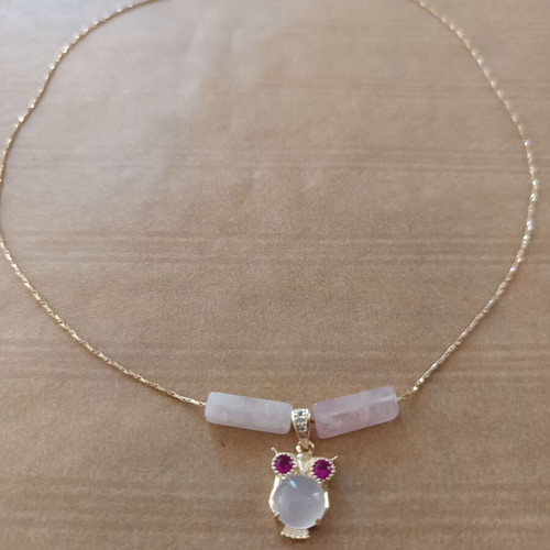 Necklace owl new with rose quartz and zircon stones