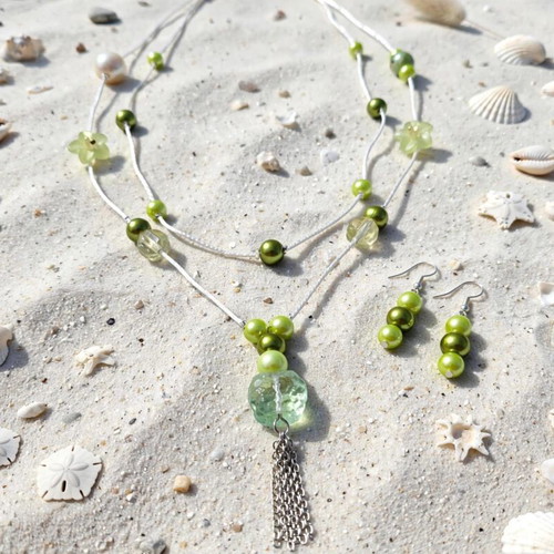 Green Multi Strand Beaded Necklace and Earrings New
