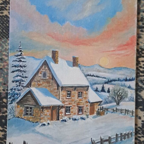 Oil painting new, winter landscape with traditional stone house