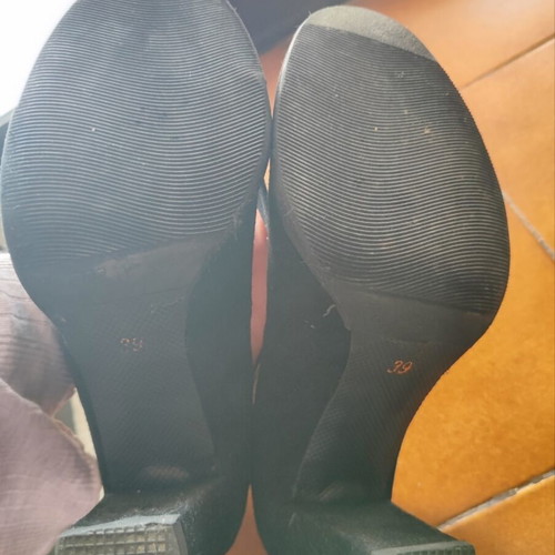 Black suede pumps with thick heel and strap, size 39, like new