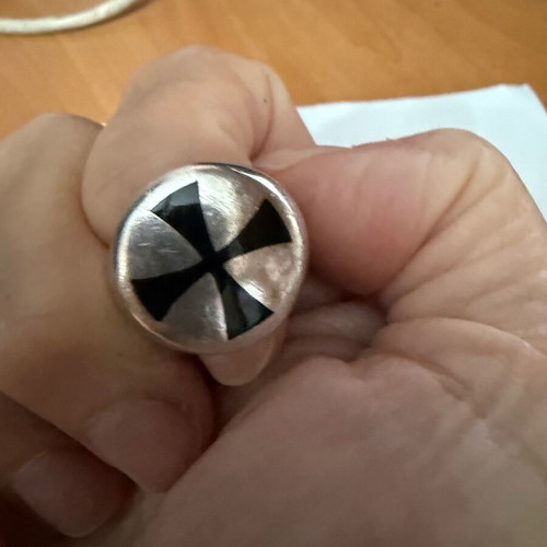 Silver ring with black enamel cross like new