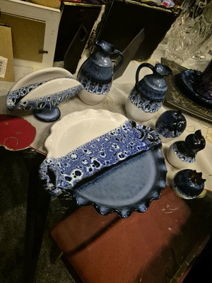 Χειροποίητο κεραμικό σετ 7 τμχ drip glaze μπλε/λευκό καινούργιο