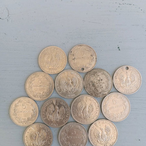 5 Drachma coins with Phoenix used, pack of 13 pieces 1930