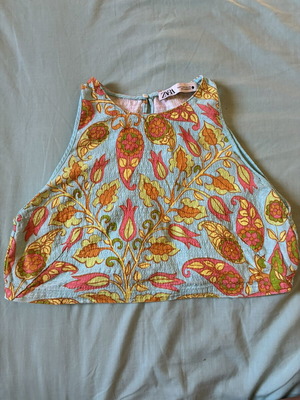 Zara Retro 60s Style Floral Crop Top Halter Neck Cotton Stretch XS like new
