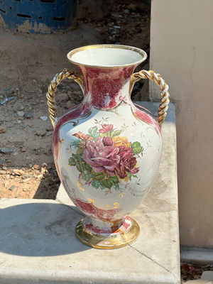Large decorative vintage ceramic vase used with embossed gold and pink roses