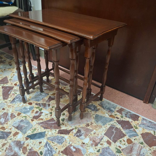 Set of three vintage wooden nesting tables, dark honey color