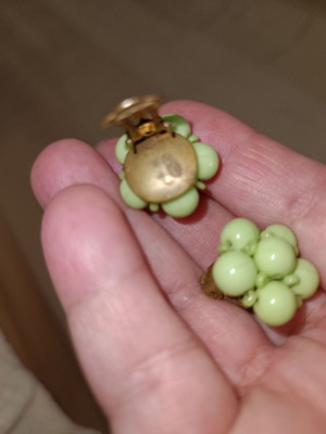Vintage clip-on earrings with green beads and gold tone base, like new