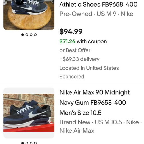 Nike Air Max 90 Leather/Mesh sneaker, Obsidian Blue/Gum Sole, size 44.5