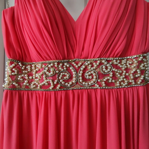 Maxi dress like new coral/salmon with gold lace and pearls, size 40