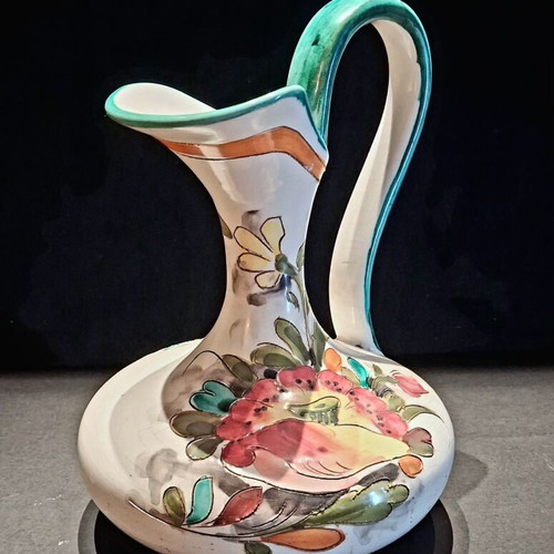 Vintage Italian Pottery Pitcher hand painted with floral relief