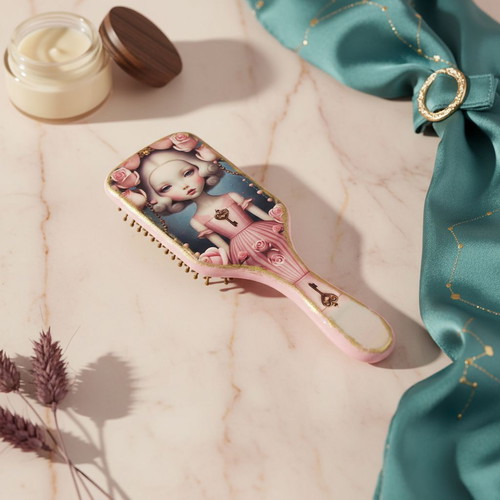 Handmade bamboo hairbrush new with pop surrealism decoration