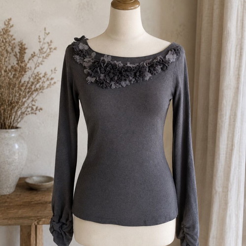 Anthropologie cotton blouse brown XXL like new with floral appliqué