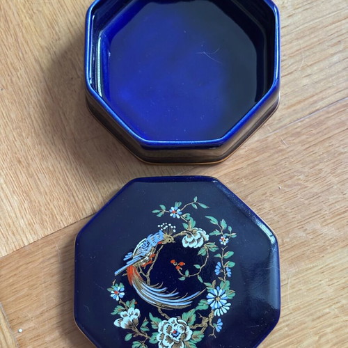 Small porcelain jewellery box blue cobalt and 24k gold new