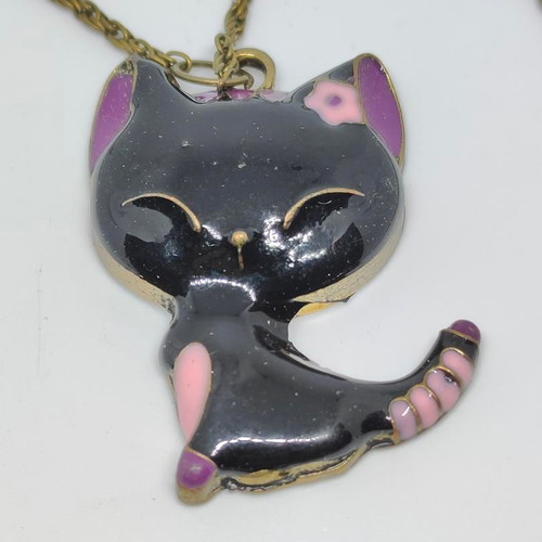 Black Cat Necklace with Enamel Details like new
