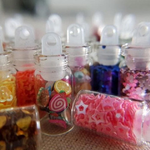 Set of 48 Glitter and Nail Art Flakes in Glass Bottles with Metal Case