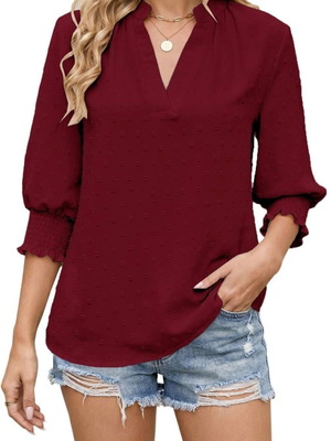 Teesho women's blouse with V-neck, 3/4 sleeves and ruffles, size S, red
