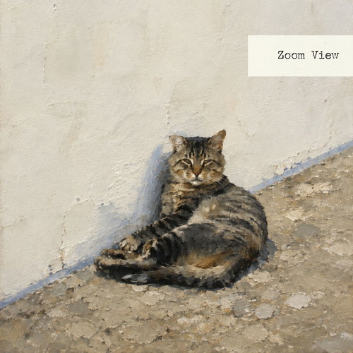 Mediterranean print with tabby cat, black frame 10x15