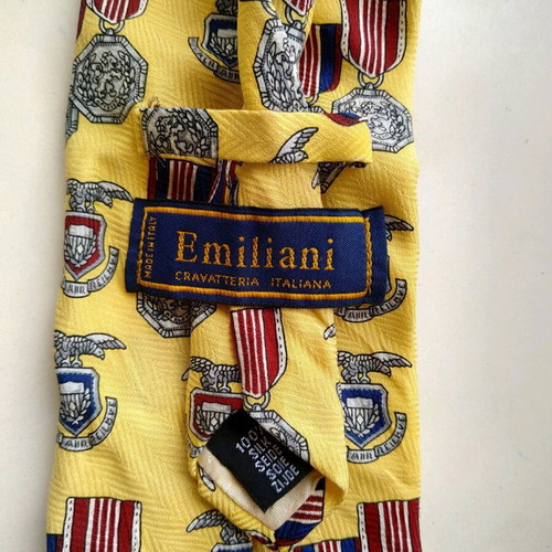 Emiliani silk tie used, multicolored with medal pattern