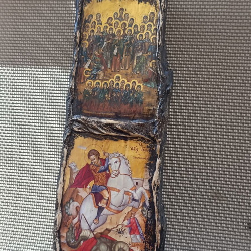 Hand-finished wooden religious icon composition