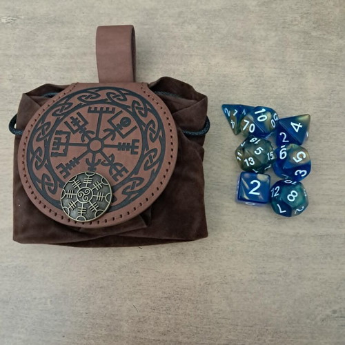 Brown leather D&D dice bag with blue and gold dice set