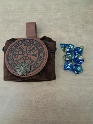 Brown leather D&D dice bag with blue and gold dice set