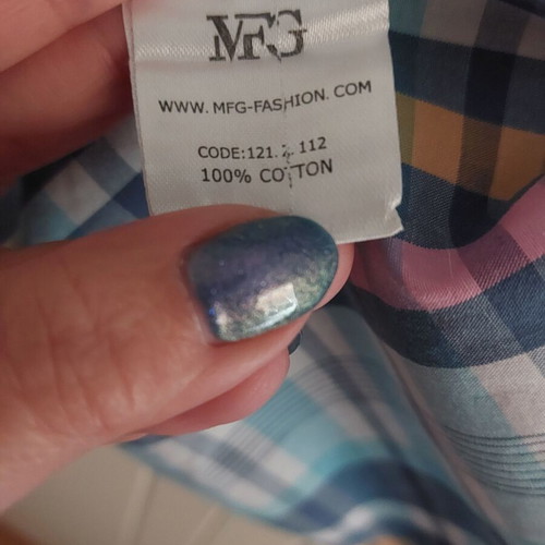Men's checked shirt with short sleeves used, size Large, turquoise and pink