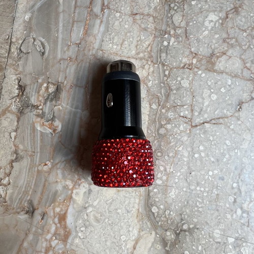 Car charger with red rhinestones and dual USB ports, new