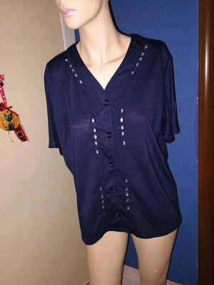 Blouse with buttons and rhinestones, V-neck, size L, like new, black and blue