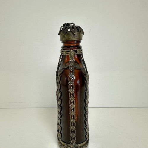 Vintage amber glass flask with filigree metalwork, 1930-1950