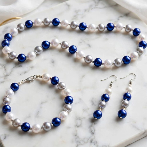 Handmade blue white beaded necklace, earrings and bracelet
