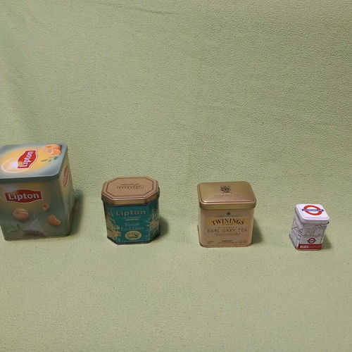 Collectible metal tea tins used, set of 4 Lipton Twinings Underground
