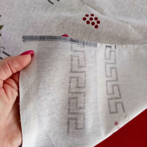 Square grey tablecloth with Greek motifs like new, 134.5 x 133.5 cm