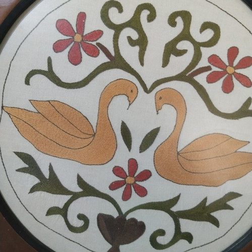 Old embroidery framed, diameter 42 cm, used, Skyrian style